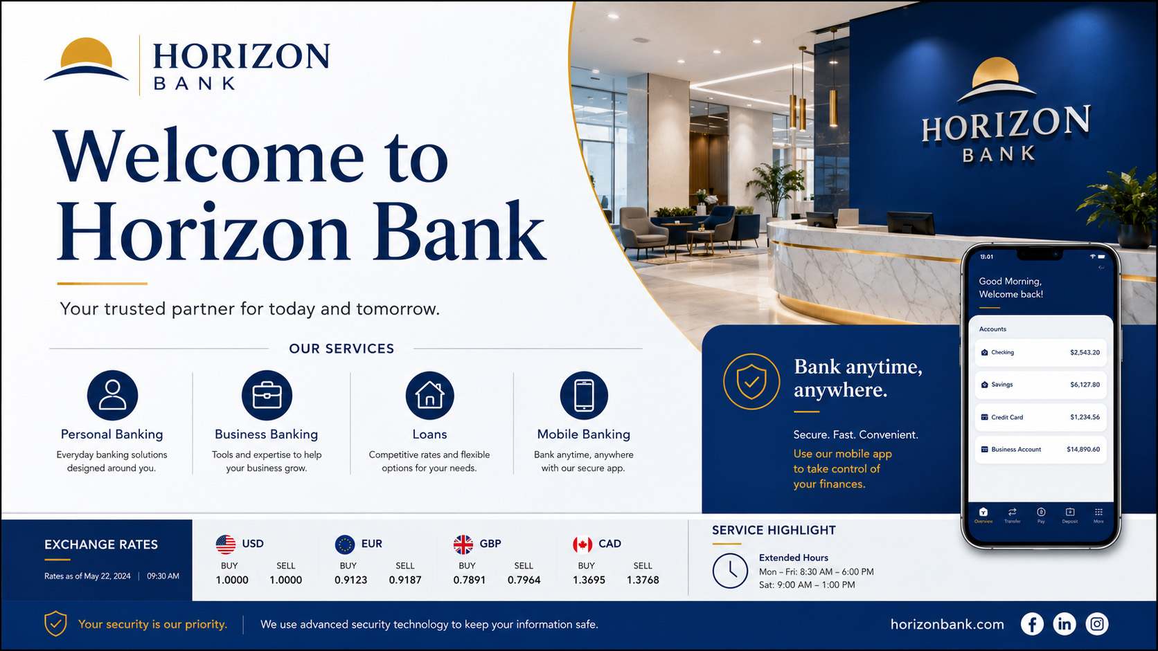 Horizon Bank branch welcome screen with services and exchange rates