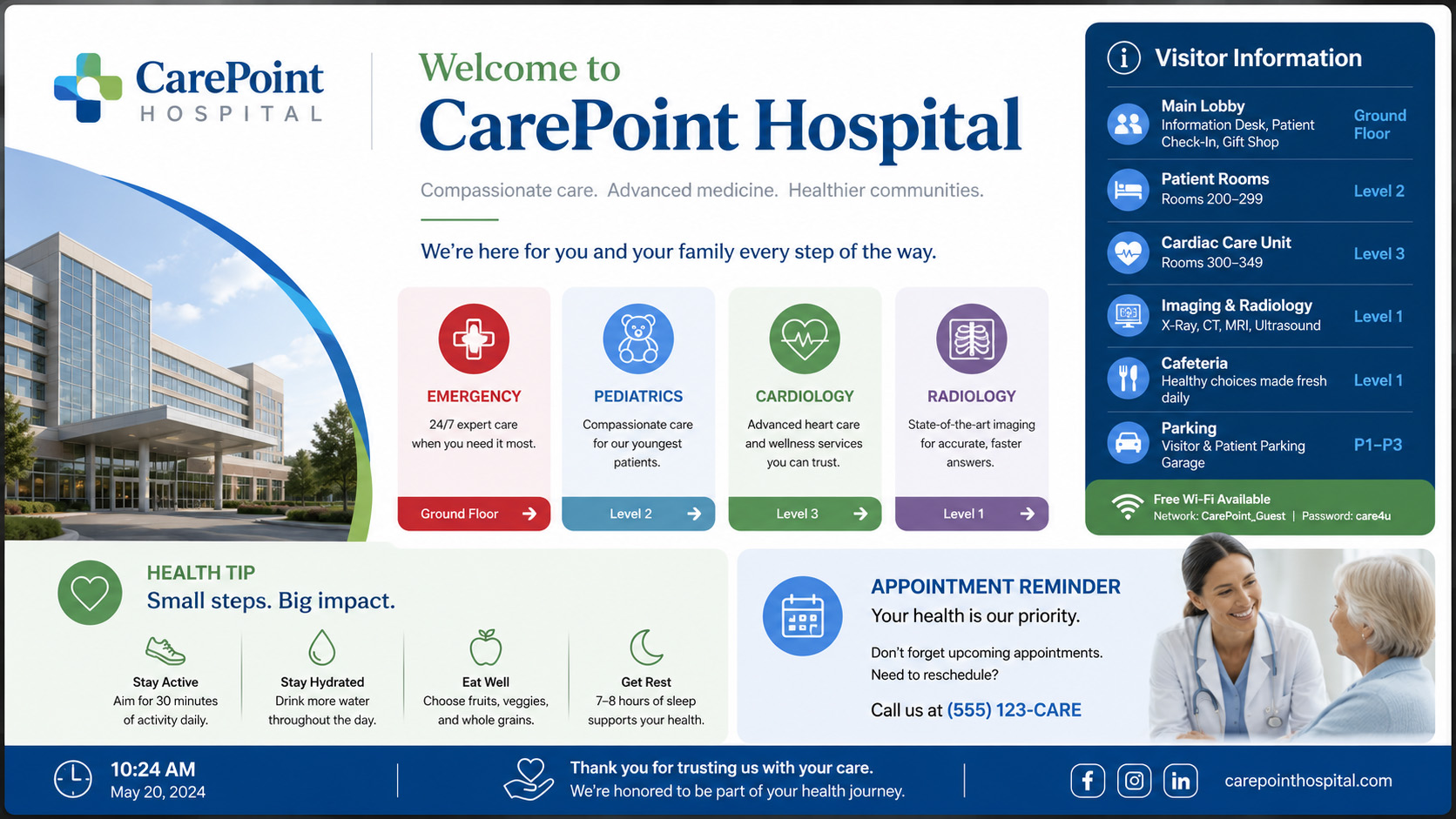 CarePoint Hospital welcome and wayfinding screen