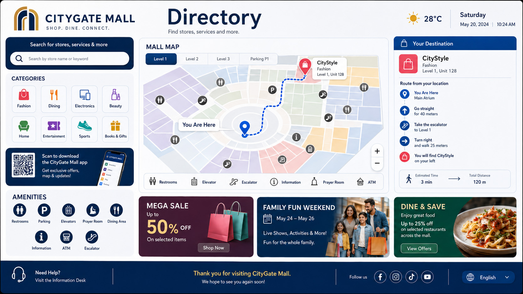 CityGate Mall interactive directory with map and turn-by-turn wayfinding