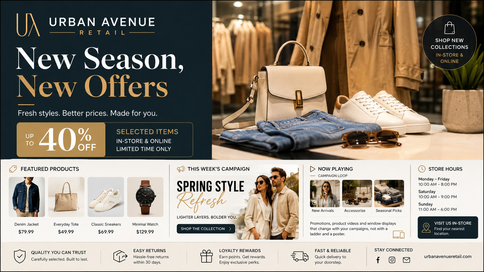 Urban Avenue retail promotion screen with featured products and campaign loop