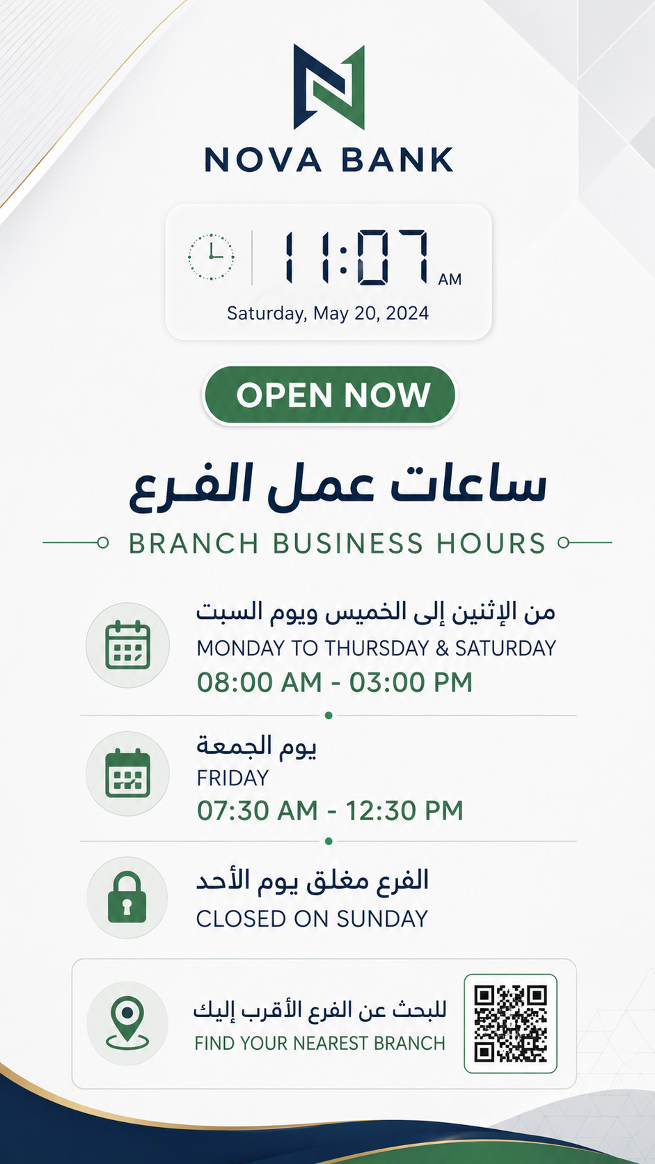 Nova Bank timing board with live clock, open-now status and multilingual branch business hours