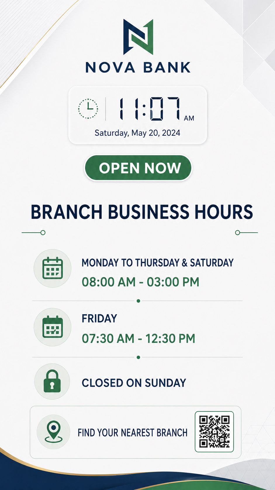 Nova Bank timing board with live clock, open-now status and multilingual branch business hours
