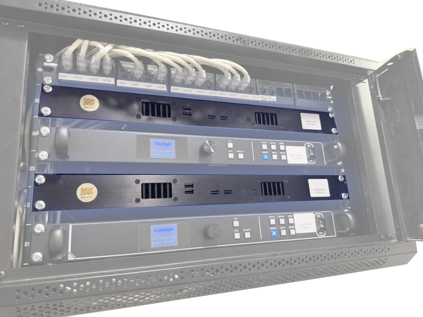 Two DSP-4K (RM) players installed in a rack with LED controllers